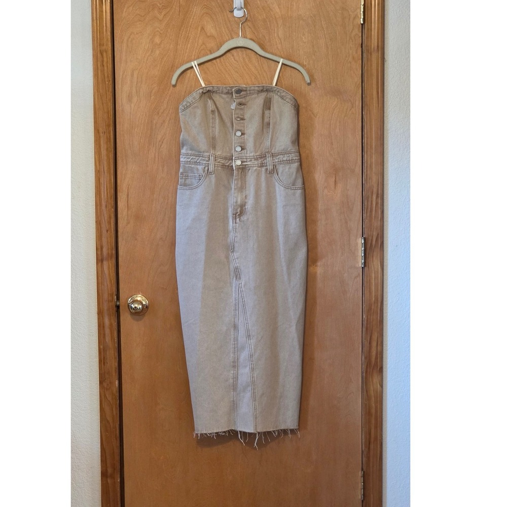 Sincerely Jules Strapless Denim Midi Tube Dress Button Front Tan Size S NWOT